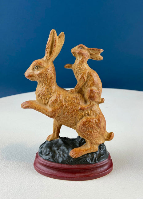 Brown Mom Bunny Figurine Carrying Baby Rabbit on her Back. Cute Rustic Ceramic Easter Decor. Spring Celebration. Modern Farmhouse.