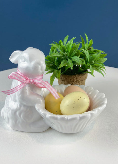 Cute White Ceramic Bunny with Sunflower Basket and Pink Bow. Small Rabbit Planter or Candy Dish. Easter Spring Decor. Table Display.