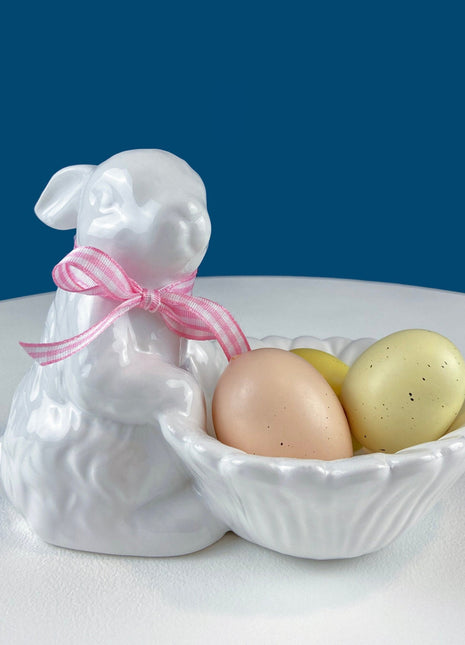 Cute White Ceramic Bunny with Sunflower Basket and Pink Bow. Small Rabbit Planter or Candy Dish. Easter Spring Decor. Table Display.