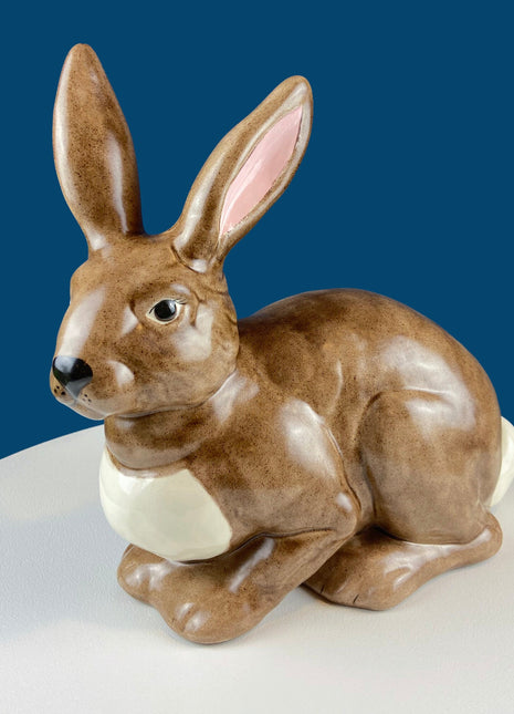 XLarge Figurine of Brown Bunny with White Patch and Tail. Ceramic Rabbit Statuette. Vintage Easter Spring Decor. Kids Room. Modern Farmhouse
