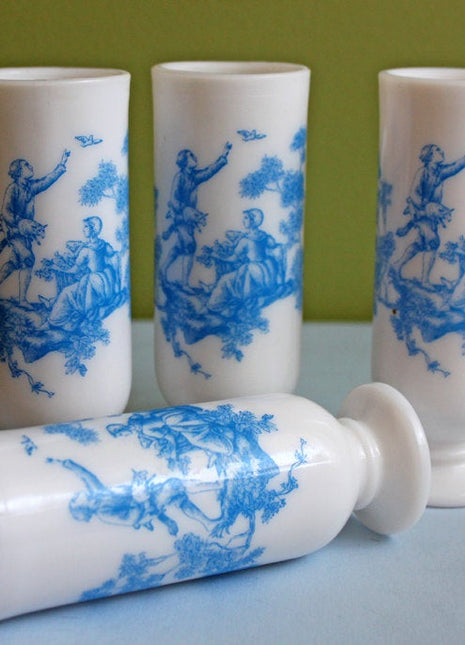 4 Avon Milk Glass Shooters - Tall Cups with Blue Romantic Imagery