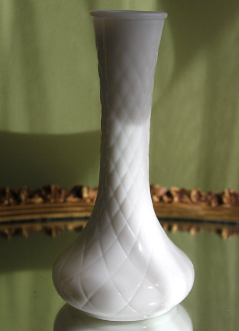 Modern Milk Glass Vase with Diamond Pattern. Elegant and Graceful Shape Flared Out at Bottom.