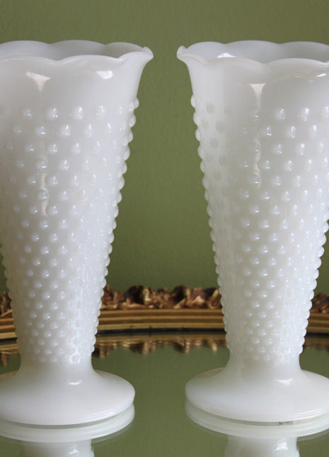 Milk Glass Vases with Hobnail Pattern. Set of Two Cone Shaped Vases.