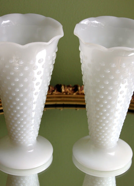 Milk Glass Vases with Hobnail Pattern. Set of Two Cone Shaped Vases.