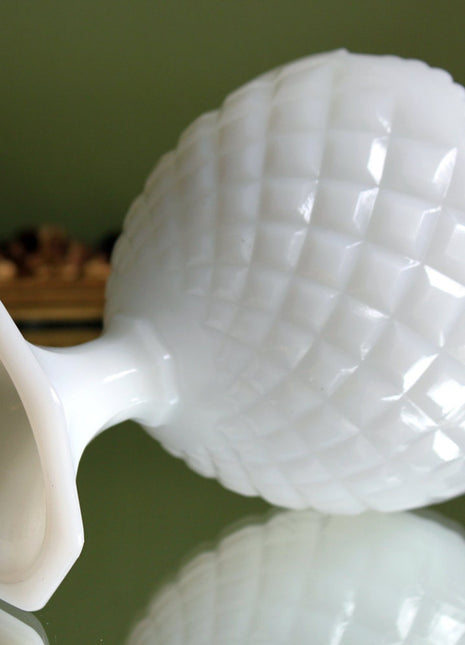 Modern Milk Glass Goblet with Scalloped Edge and Diamond Quilted Texture.