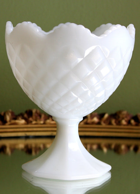 Modern Milk Glass Goblet with Scalloped Edge and Diamond Quilted Texture.