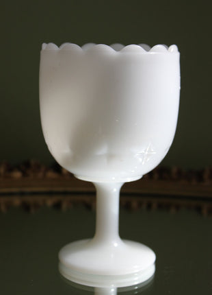 Milk Glass Goblet. Modern Goblet with Scalloped Edge and Embossed Stars. Footed Bowl.