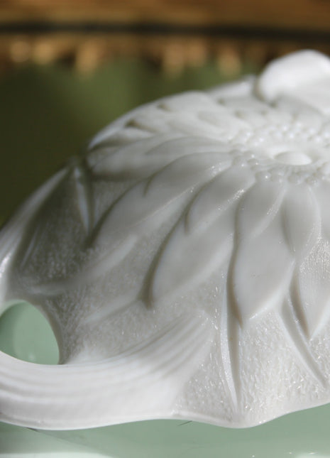 Milk Glass Oval Serving Platter with Ornate Lotus Pattern