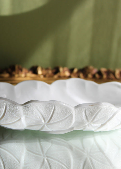 Milk Glass Oval Serving Platter with Ornate Lotus Pattern