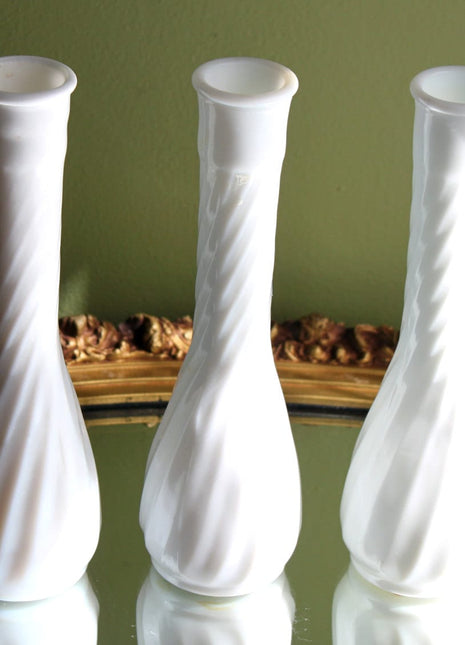 3 Milk Glass Fluted Vases with Twisted Ribbed Pattern