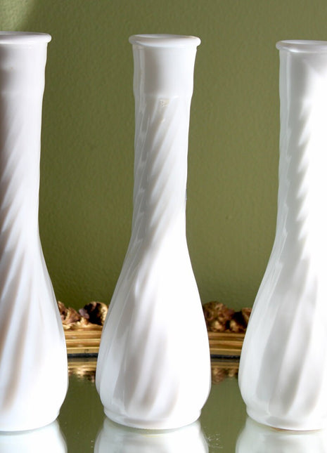 3 Milk Glass Fluted Vases with Twisted Ribbed Pattern