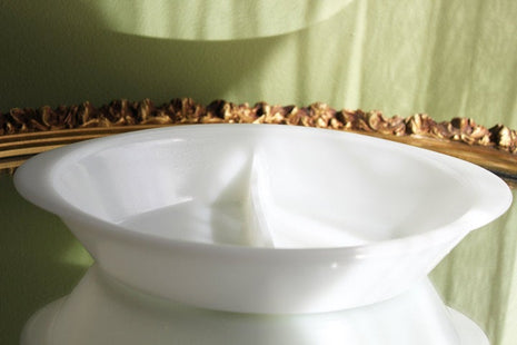 Milk Glass Oval Divided Serving Bowl with Handle by Glasbake