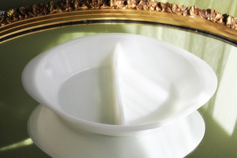 Milk Glass Oval Divided Serving Bowl with Handle by Glasbake