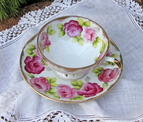Antique Cup and Saucer. Hand Painted Roses by Riviera, Japan.
