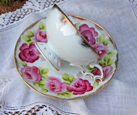 Antique Cup and Saucer. Hand Painted Roses by Riviera, Japan.