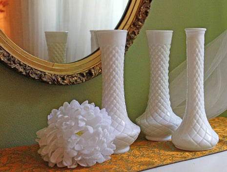 Collection of 3 Milk Glass Vases in Various Shapes with Diamond Pattern