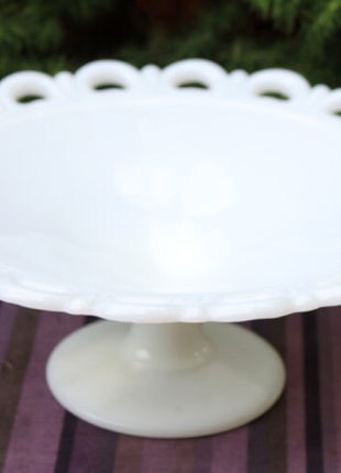 Milk Glass Footed Shallow Bowl or Compote with Lacy Rim