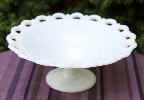 Milk Glass Footed Shallow Bowl or Compote with Lacy Rim