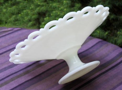 Milk Glass Footed Shallow Bowl or Compote with Lacy Rim