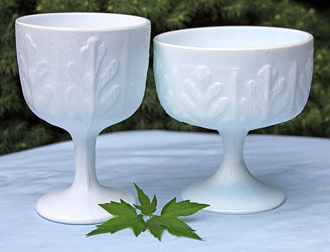 Milk Glass Compotes with Oak Leaf Design. Set of Two Footed Bowls.