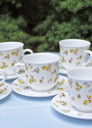 Tea or Coffee Set by Lenox. Ming Coupe, Asian Motif. Set of 9 Porcelain Cups and Saucers, 8" Salad Plates, and 12 6.5" Dessert Plates.