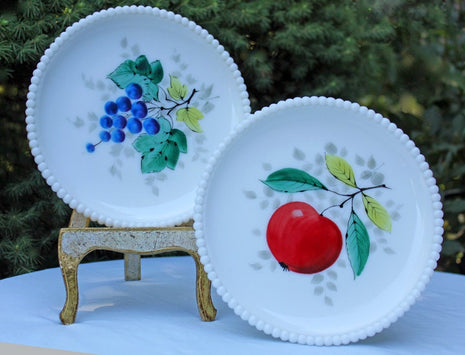 Decorative Milk Glass Plate - Hand Painted Grapes & Hobnail Rim