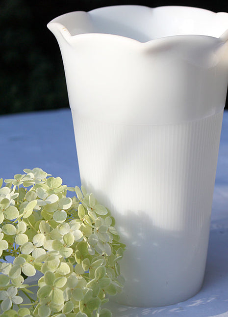 Milk Glass Vase with Rib Pattern and Scalloped Rim. Collectible or Wedding Milk Glass.