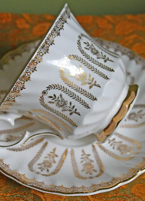 Teacup Saucer Set. Queen Anne Bone China Tea Set Decorated with 22-Karat Gold and Hand Painted Roses.
