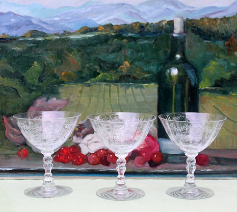 Six Fostoria Crystal Champagne Glasses, Chintz Pattern Etch.