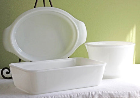 Fire King Milk Glass Oval Baking Dish with Handles
