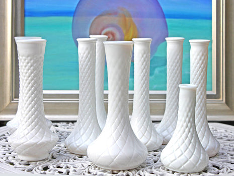 Milk Glass Flute Vase. Vase with Diamond Pattern by Hoosier Glass Co.