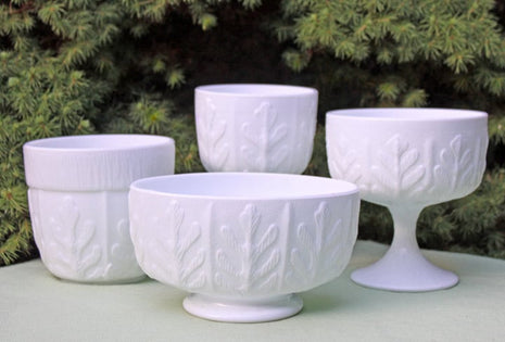 Milk Glass Oak Leaf Design Bowls. Set of Four Beautiful Wedding Vases, Planters Bowls or Collectible Dishes.