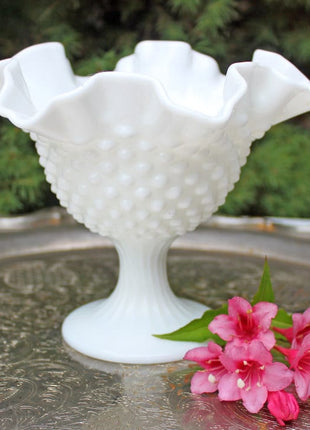 Fenton Milk Glass Footed Bowl with Hobnail Pattern , Scalloped and Ruffled Rim.