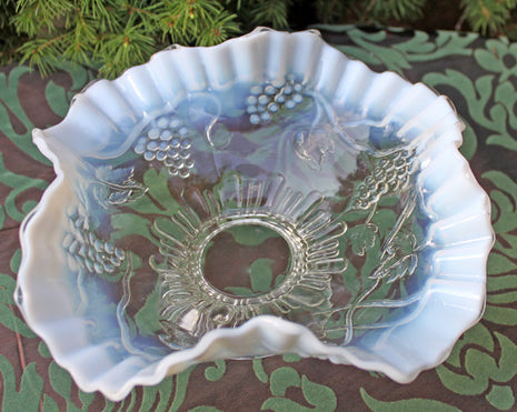 Fenton Milk Glass and Clear Crystal Footed Bowl - Ruffled Rim & Embossed Grapes