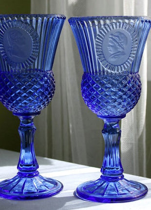 Fostoria Cobalt Blue Glass Goblets with George and Martha Washington and Water Pitcher Depicts Mt. Vernon.