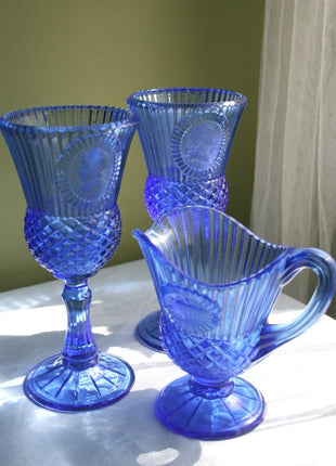 Fostoria Cobalt Blue Glass Goblets with George and Martha Washington and Water Pitcher Depicts Mt. Vernon.