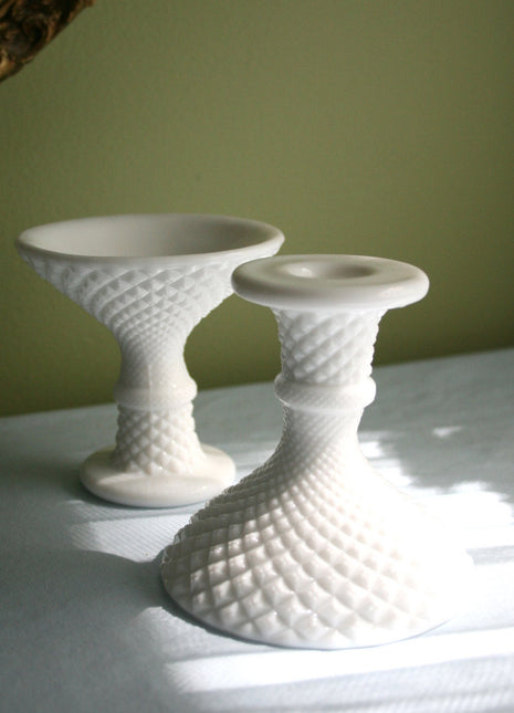 Milk Glass Quilted Pattern Candle Holders or Goblets