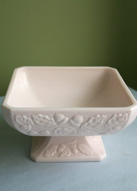 Pink Milk Glass Footed Candy Dish.  Acorns Pattern.  Collectible Shell Pink Milk Glass.
