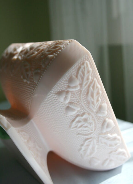 Pink Milk Glass Footed Candy Dish.  Acorns Pattern.  Collectible Shell Pink Milk Glass.