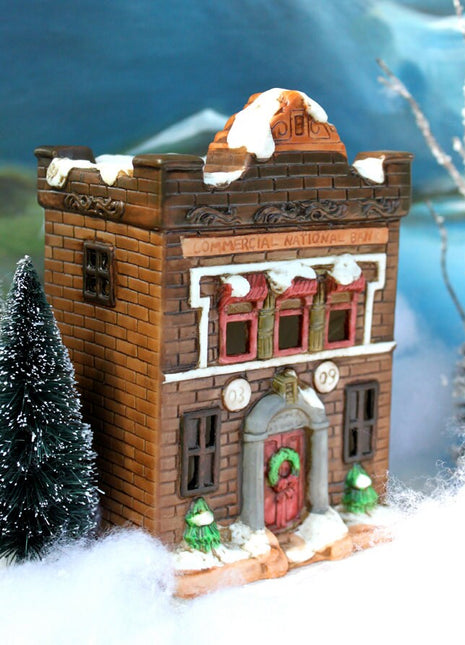 Christmas Village Bank with Lights - Hand made & Painted Holiday Decoration