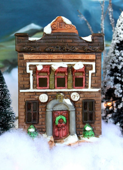 Christmas Village Bank with Lights - Hand made & Painted Holiday Decoration