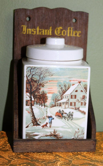 Antique Coffee Container Ceramic Box on Wood Base