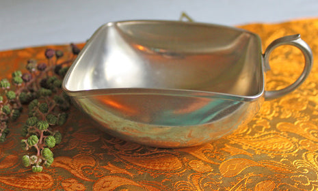 Pewter Bowl with Handle. Square Bowl Made in Holland. Square Gravy Boat Marked KMD, Tiel.