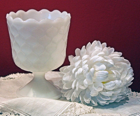 Milk Glass Goblet or Vase with Honeycomb Pattern and Scalloped Rim