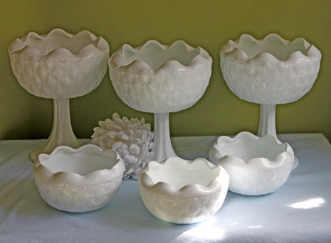 Milk Glass Wedding Center Pieces. Milk Glass Footed Planters and Bowls. Set of Six Milk Glass Star and Diamond Pattern Bowls.