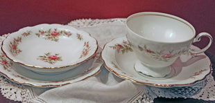 Antique Haviland Teacup & Saucer, Berry Bowl & Plate - Moss Rose Pattern
