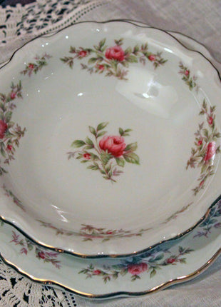 Antique Haviland Teacup & Saucer, Berry Bowl & Plate - Moss Rose Pattern