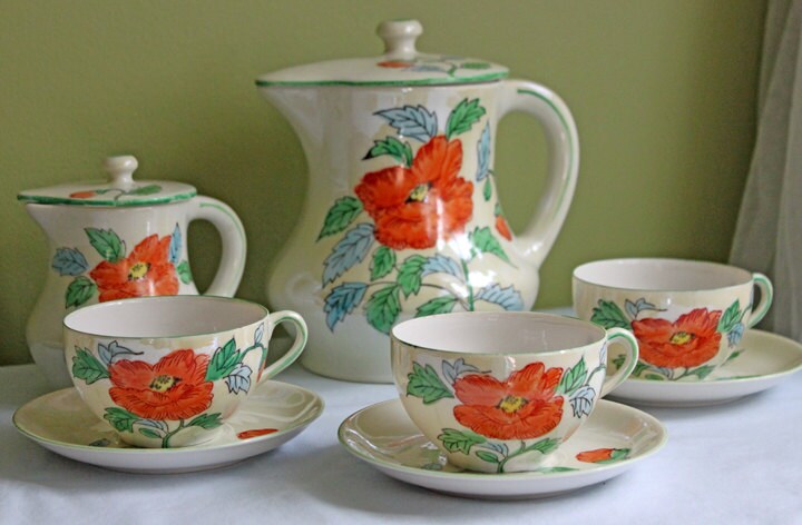 Porcelain Tea or Coffee Pot with Lid. Poppy Flower Hand Painted over L –  Anything Discovered