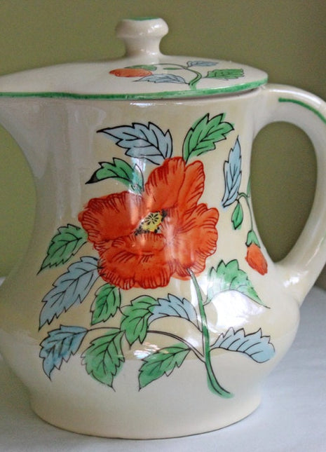 Porcelain Tea or Coffee Pot with Lid. Poppy Flower Hand Painted over Luster Background. Japan Collectible Serving Dish.