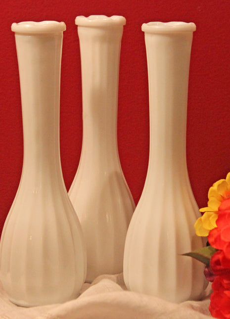 Milk Glass Fluted Vases with Ribbed Pattern
